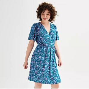 Draper James RSVP Teal Blue Ditsy Floral Flutter Sleeve Wrap Dress Size Small